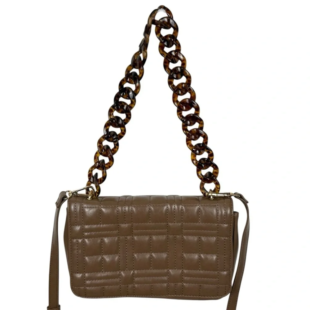 Like Dreams Taupe Quilted Shoulder Bag with Tortoise Chain & Detachable Strap
